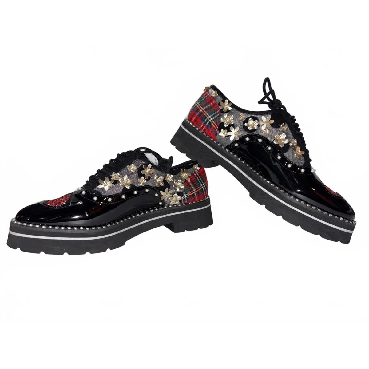 Betsey Johnson Skyyla Platform Oxfords Black Patent Heart Tartan Floral - Size 7